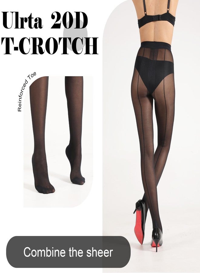 HONENNA Backseam Sheer Tights for Women T Crotch Cuban Heel Black Pantyhose 20D Control Top Stockings - Image 3